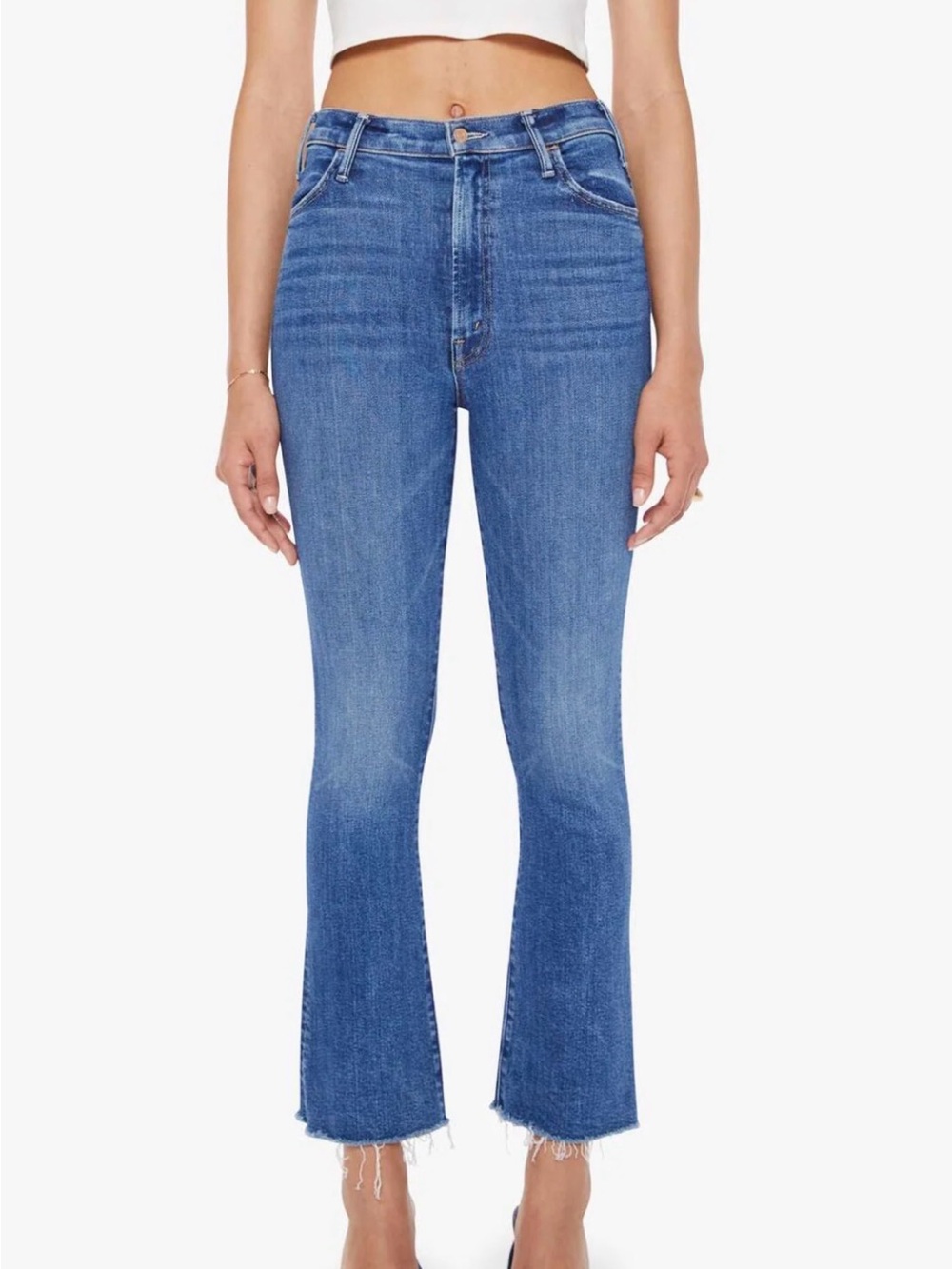 Mother High-Rise The Hustler Ankle Fray Cropped Flare Jeans